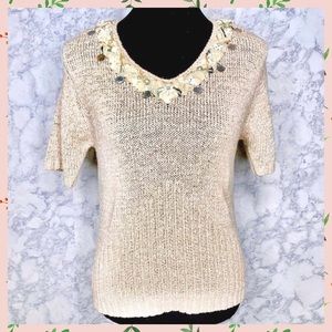 Valentine Coastal Knit Tan Embellished Short Sleeve Vintage Top Women’s M